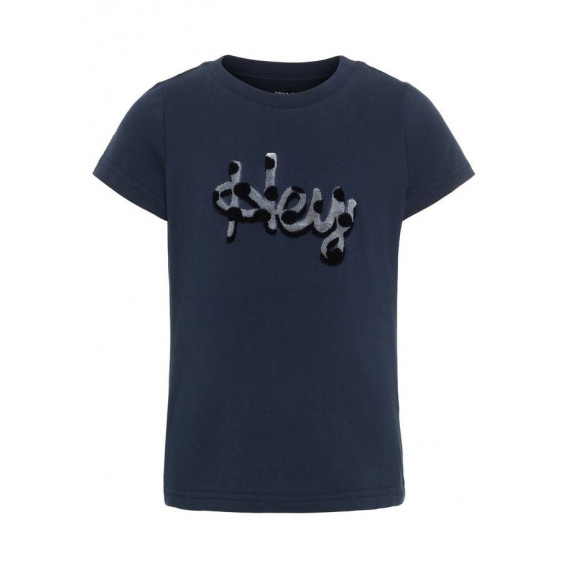 Βαμβακερό μπλουζάκι με κοντό μανίκι και HEY επιγραφή για κορίτσι, μπλε Name it 28962 