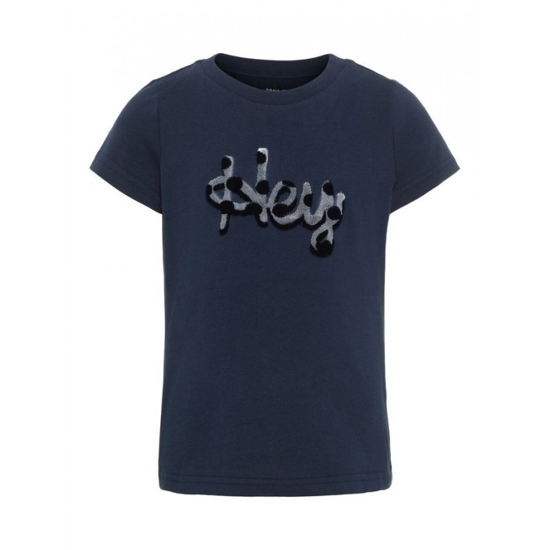 Βαμβακερό μπλουζάκι με κοντό μανίκι και HEY επιγραφή για κορίτσι, μπλε  28962