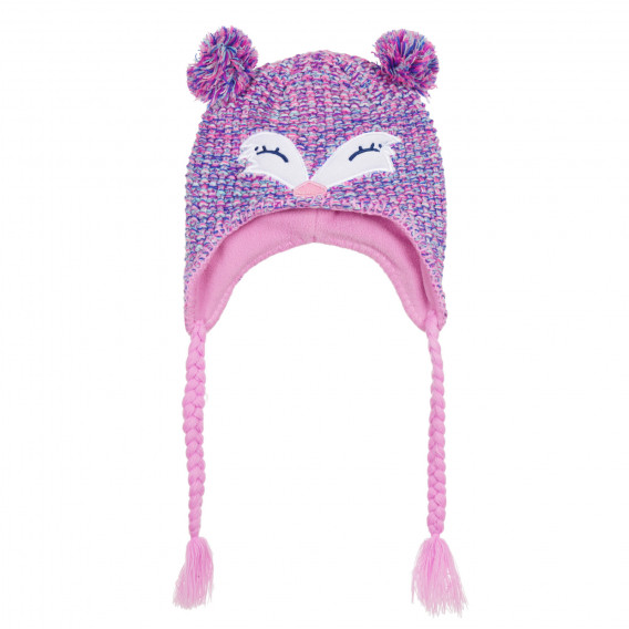 Πλεκτό χειμωνιάτικο καπέλο με πολύχρωμα pompoms και πλεξούδες, ροζ Cool club 292650 