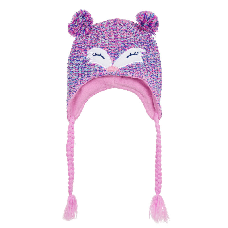 Πλεκτό χειμωνιάτικο καπέλο με πολύχρωμα pompoms και πλεξούδες, ροζ  292650