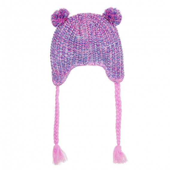 Πλεκτό χειμωνιάτικο καπέλο με πολύχρωμα pompoms και πλεξούδες, ροζ Cool club 292653 4