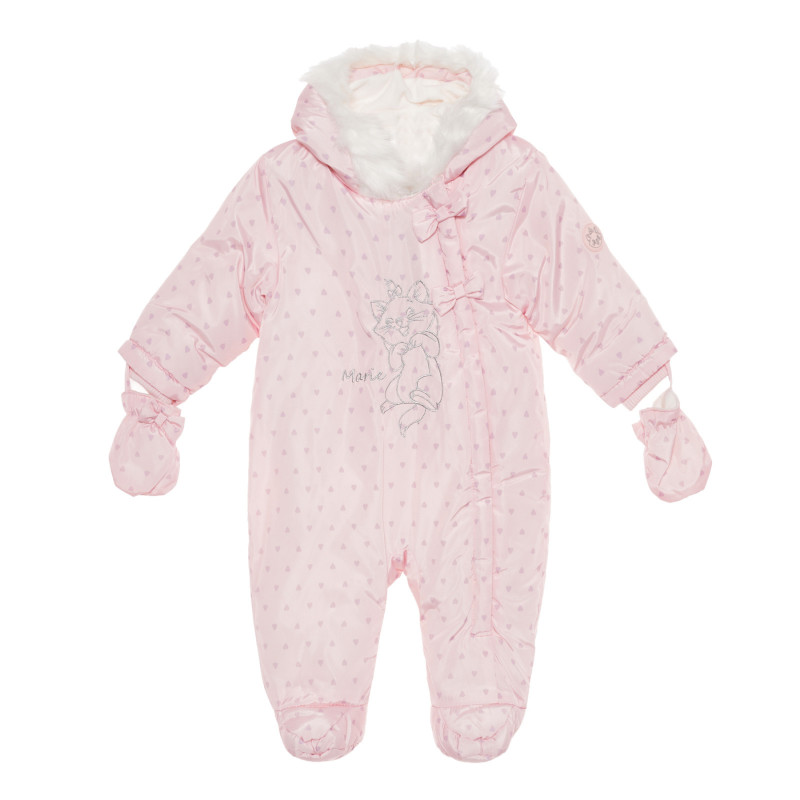 Φόρμα-Αστροναύτης για μωρό με σταμπωτές καρδιές και χνουδωτό ύφασμα στην κουκούλα, σε απαλό ροζ χρώμα  293767