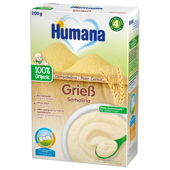 Οργανικό χυλό χωρίς γάλα με σιμιγδάλι, 4+ μήνες, κουτί 200 g. Humana 2967 