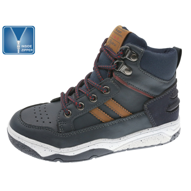 Ψηλά αθλητικά παπούτσια με καφέ λεπτομέρειες, σε σκούρο μπλε χρώμα  297348