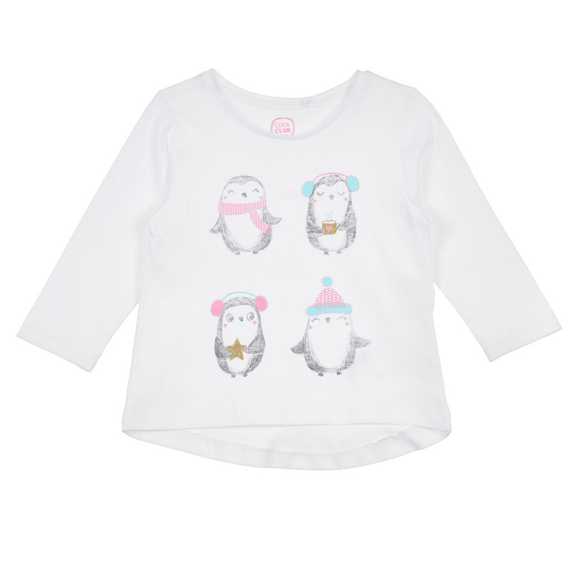 Cool Club βαμβακερό μπλουζάκι με μακριά μανίκια και απλικέ πιγκουίνο, λευκό για κορίτσια  304754
