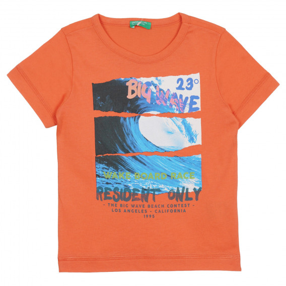 Βαμβακερό μπλουζάκι σε πορτοκαλί χρώμα με στάμπα κύμα Benetton 312801 