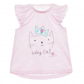 Ροζ βαμβακερό μπλουζάκι με στάμπα γατούλας, για μωρό Benetton 313849 
