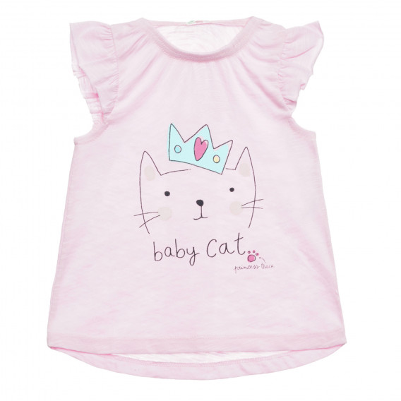 Ροζ βαμβακερό μπλουζάκι με στάμπα γατούλας, για μωρό Benetton 313849 