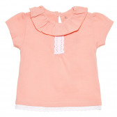 Βαμβακερό μπλουζάκι σε ροζ χρώμα με βολάν και δαντελένιες λεπτομέρειες, για μωρό ZY 318317 