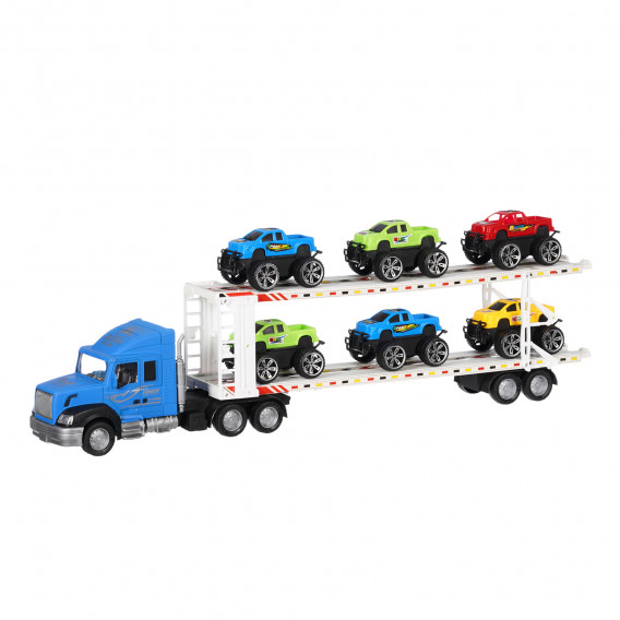 Μπλε φορτηγό μεταφοράς αυτοκινήτων, δύο επιπέδων με 6 αυτοκίνητα GOT 333251 