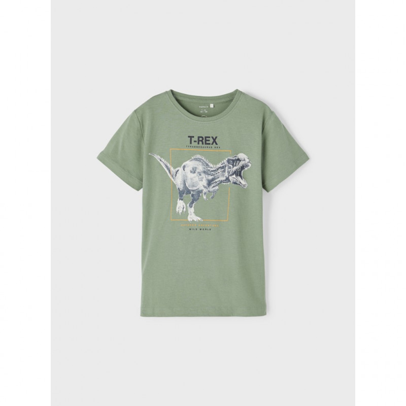 Πράσινο βαμβακερό μπλουζάκι με στάμπα T-REX  335961