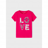 Ροζ βαμβακερό μπλουζάκι με Love print και φλοράλ πινελιές για ένα μωρό Name it 335967 
