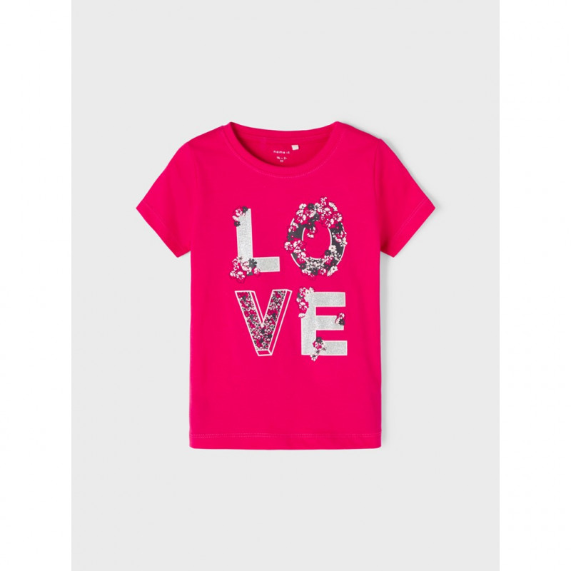 Ροζ βαμβακερό μπλουζάκι με Love print και φλοράλ πινελιές για ένα μωρό  335967