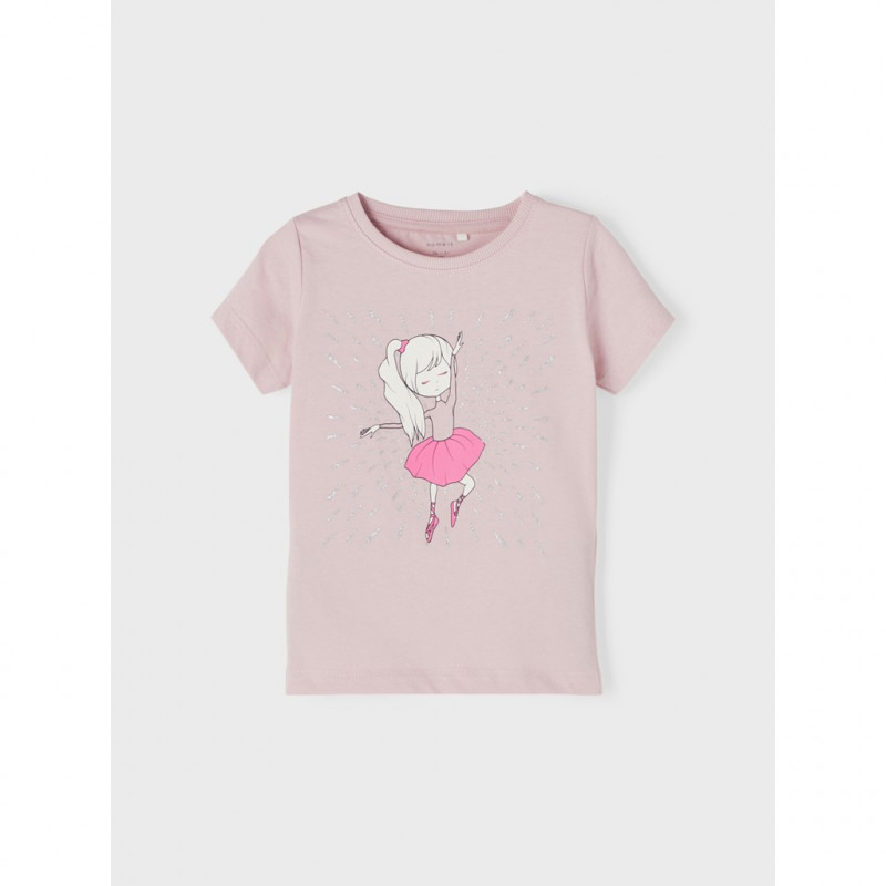 Ανοιχτό ροζ βαμβακερό μπλουζάκι με στάμπα μπαλαρίνας  335976