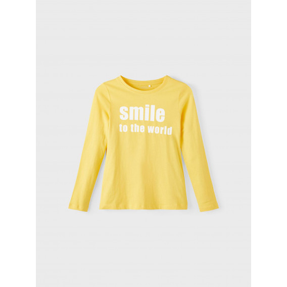 Κίτρινη βαμβακερή μακρυμάνικη μπλούζα με την επιγραφή &#39;&#39;Smile to the world&#39;&#39; Name it 336300 