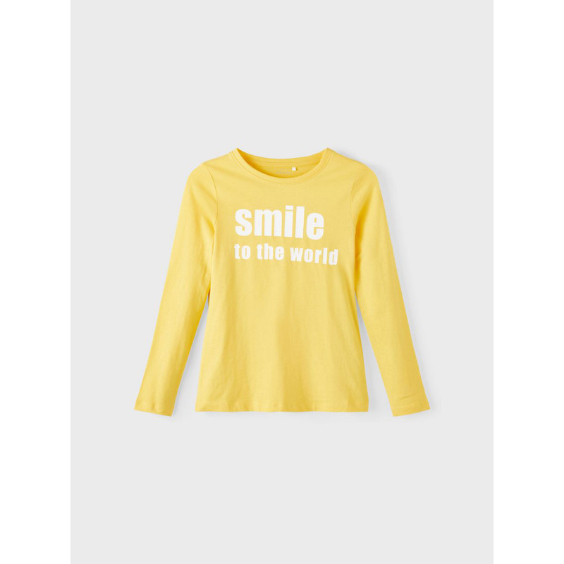 Κίτρινη βαμβακερή μακρυμάνικη μπλούζα με την επιγραφή &#39;&#39;Smile to the world&#39;&#39;  336300