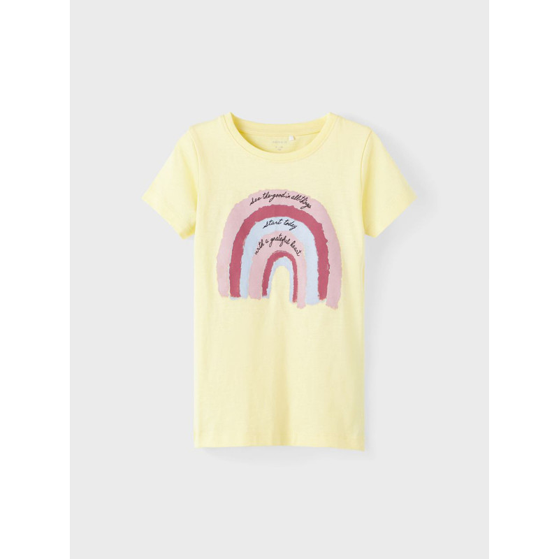 T-shirt από οργανικό βαμβάκι με στάμπα ουράνιου τόξου, κίτρινο  336471