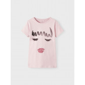 Βαμβακερό μπλουζάκι με κοριτσίστικο στάμπα, απαλό ροζ Name it 336621 