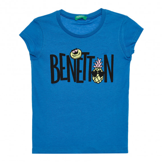 Βαμβακερό μπλουζάκι με τύπωμα την επωνυμία και ανανά, μπλε Benetton 336739 