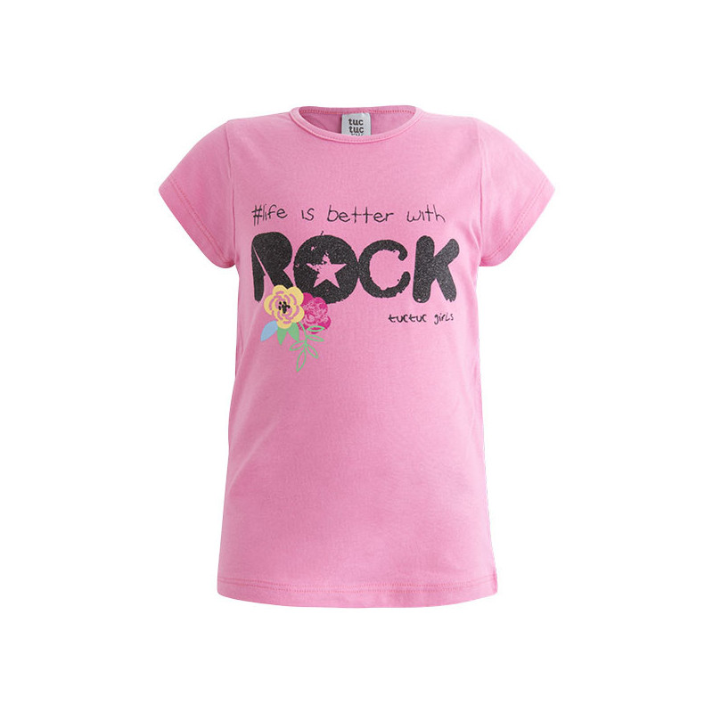 Βαμβακερή, ροζ, κοντομάνικη μπλούζα με επιγραφή, για κορίτσι  34943