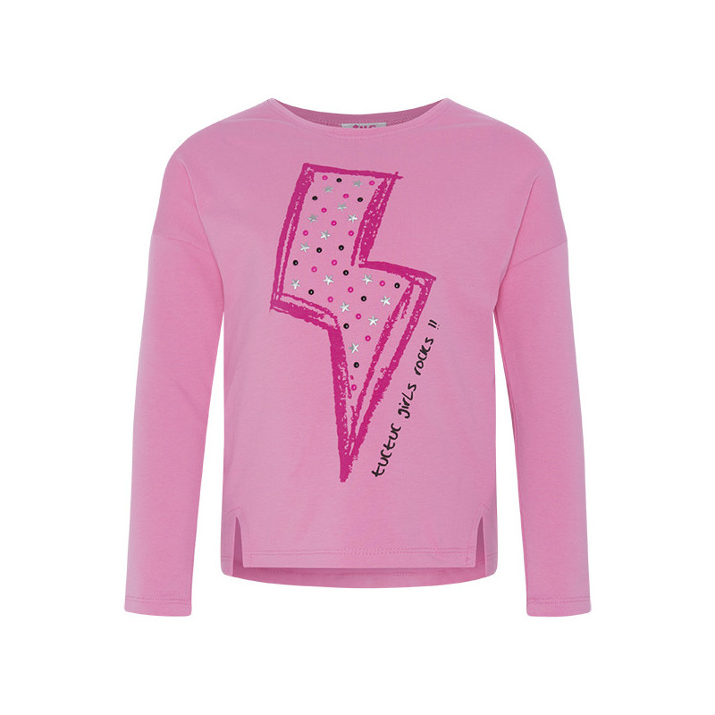 Βαμβακερή, ροζ, μακρυμάνικη μπλούζα, με κομψά κοψίματα μπροστά, για κορίτσι  34946