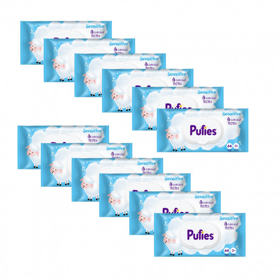 Υγρές πετσέτες Wet Wipes 9 + 3 δωρεάν, Ευαίσθητο, 64 τεμ. Pufies 369418 