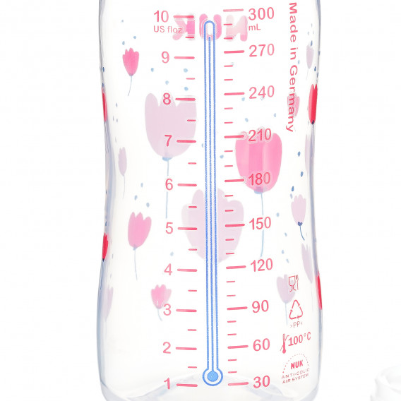 First Choice ροζ φιάλη πολυπροπυλενίου, Termo control​ με πιπίλα μέσης ροής για ηλικία  0-6 μηνών, 300 ml. NUK 371070 4
