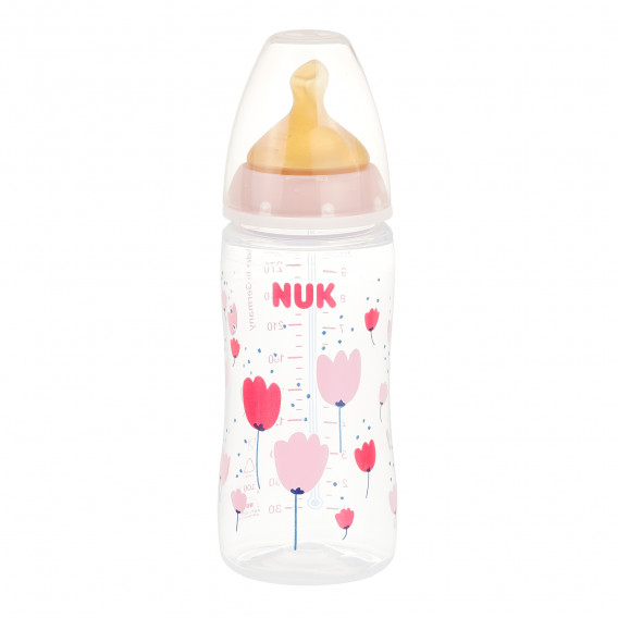 First Choice μπουκάλι σε ροζ χρώμα πολυπροπυλενίου, Termo control​ με πιπίλα μέσης ροής για ηλικία 0-6 μηνών, 300 ml. NUK 372848 