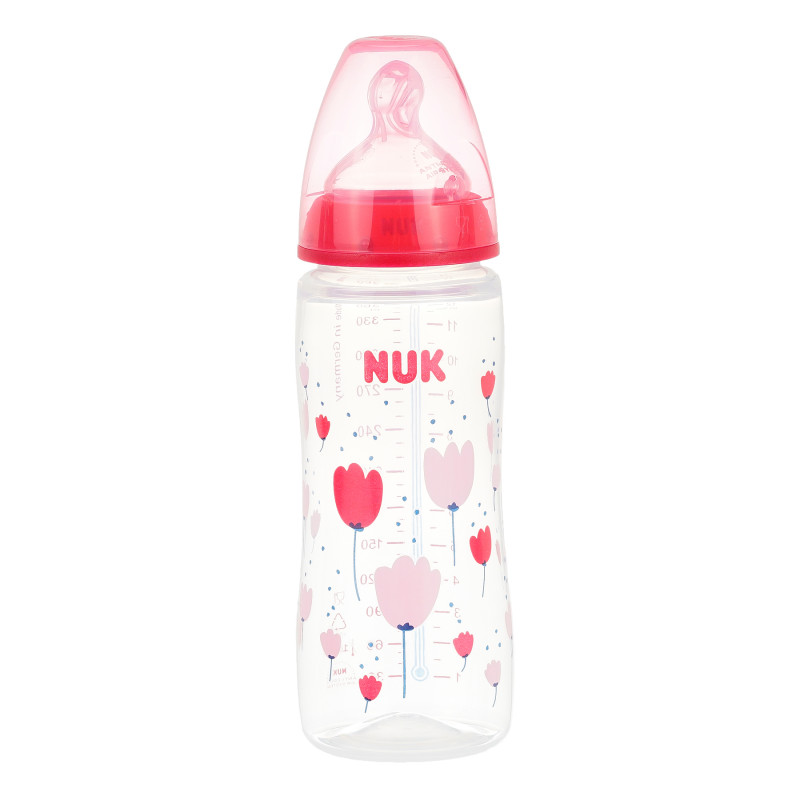First Choice ροζ μπουκάλι πολυπροπυλενίου, Termo control​ με πιπίλα γρήγορης ροής για ηλικία 6-18 μηνών, 360 ml.  372866
