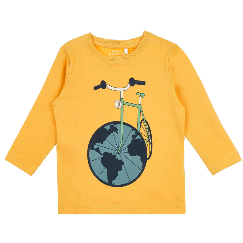 Οργανική βαμβακερή μπλούζα με εκτύπωση τροχού, κίτρινη  373026