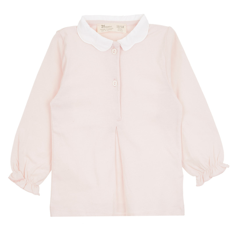 Μακρυμάνικη βαμβακερή μπλούζα σε ανοιχτό ροζ, με λευκό γιακά  380640