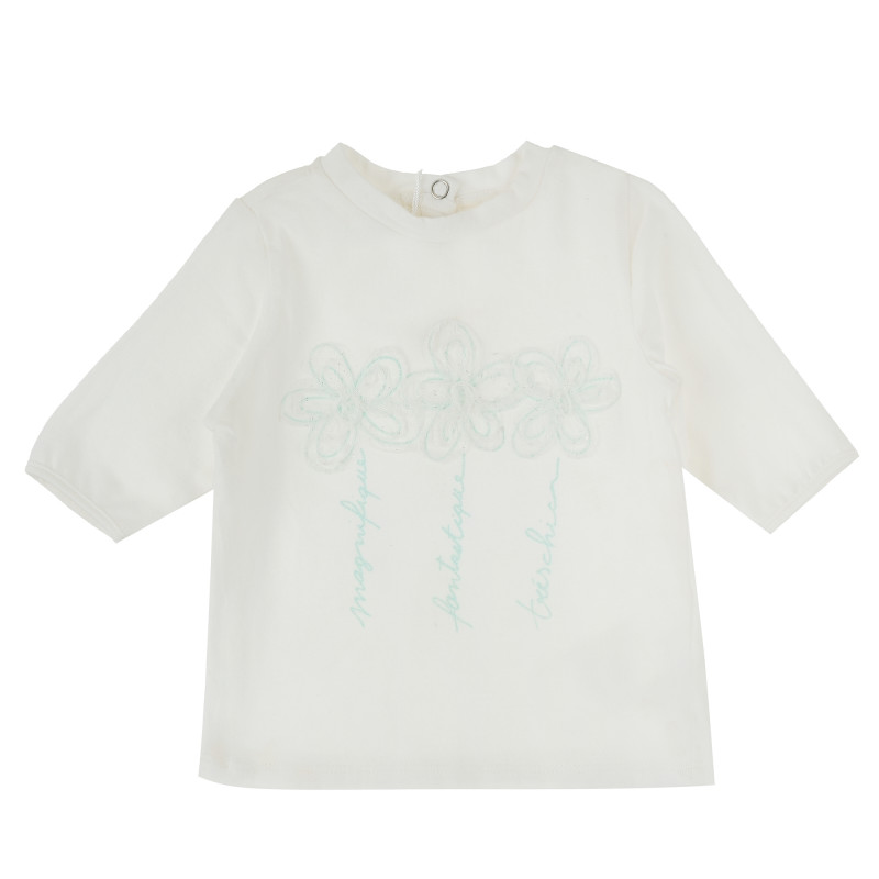 Βαμβακερή μπλούζα με μανίκι 3/4, Λευκή, για κορίτσια  384405