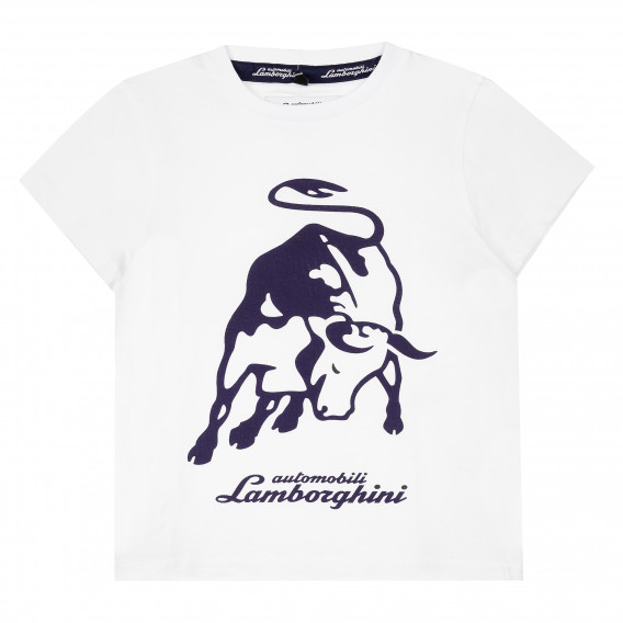 Βαμβακερό  T-shirt για αγόρι, σε λευκό χρώμα με τυπωμένο σχέδιο ταύρο και επιγραφή Lamborghini 384954 