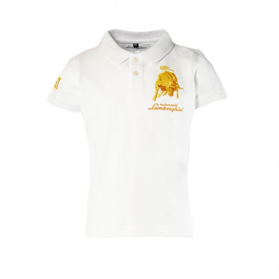 Μπλουζάκι πόλο για αγόρι, σε λευκό χρώμα με κεντημένο έμβλημα της μάρκας Lamborghini 40747 