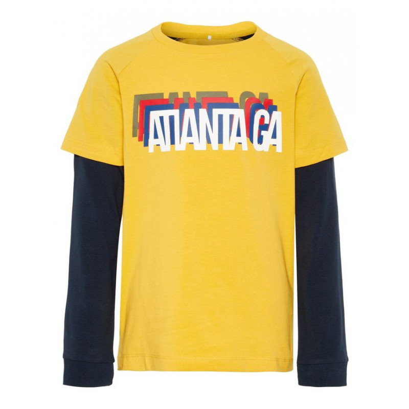 Βαμβακερό μπλουζάκι για αγόρι, σε κίτρινο χρώμα με μανίκια σε αντίθεση  4076