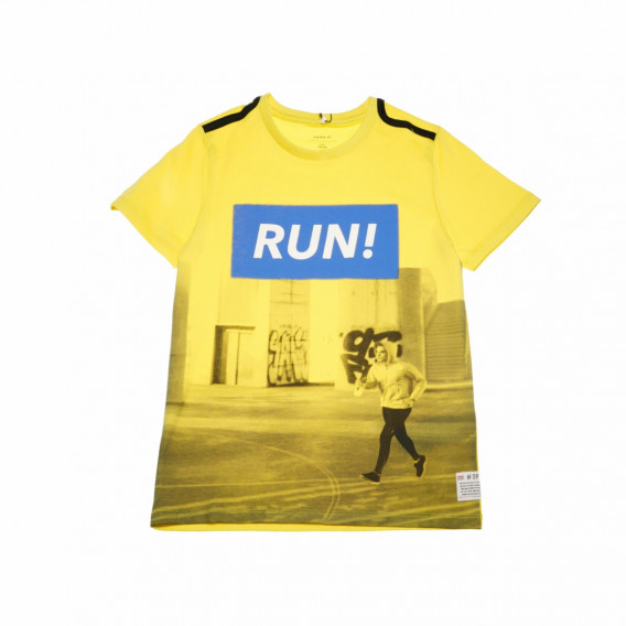 Κοντομάνικο Μπλουζάκι με οργανικό βαμβακερό τύπωμα για αγόρι, κίτρινο Name it 42416 
