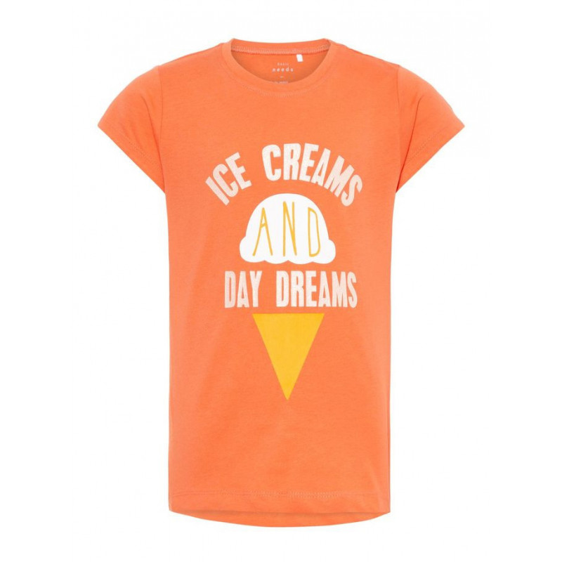 Βαμβακερό t-shirt σε πορτοκαλί χρώμα με επιγραφή ICE CREAM, για κορίτσι  50754