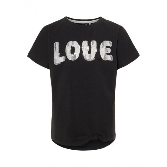 Μαύρο t-shirt από οργανικό βαμβάκι, με λευκή στάμπα LOVE, για κορίτσι Name it 50916 