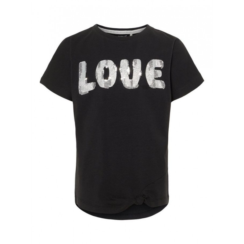 Μαύρο t-shirt από οργανικό βαμβάκι, με λευκή στάμπα LOVE, για κορίτσι  50916