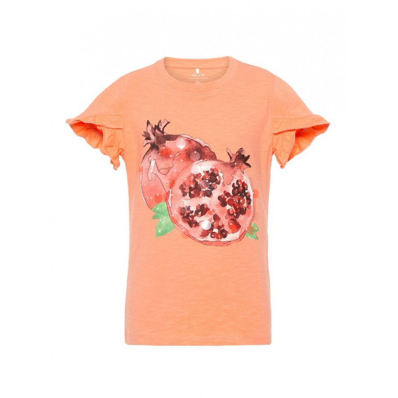 Κοντομάνικη βαμβακερή μπλούζα κοραλλί, με ρόδι για κοπέλα  54321