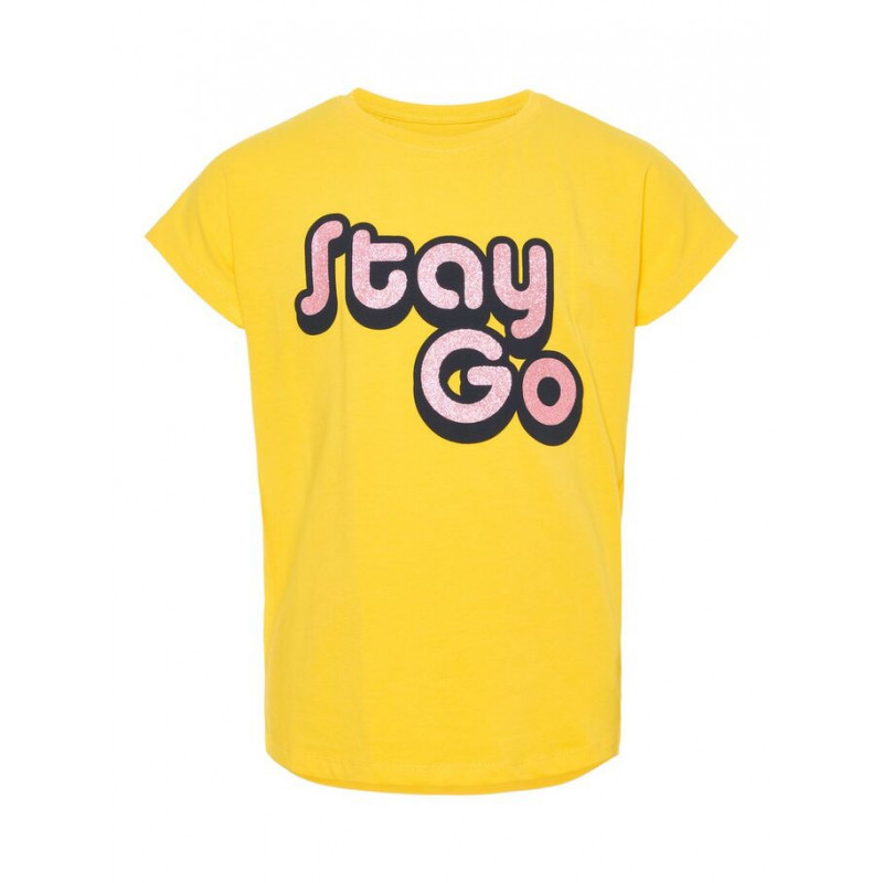 Κίτρινη βαμβακερή μπλούζα με κοντό μανίκι και ροζ γράμματα για κορίτσι  54327