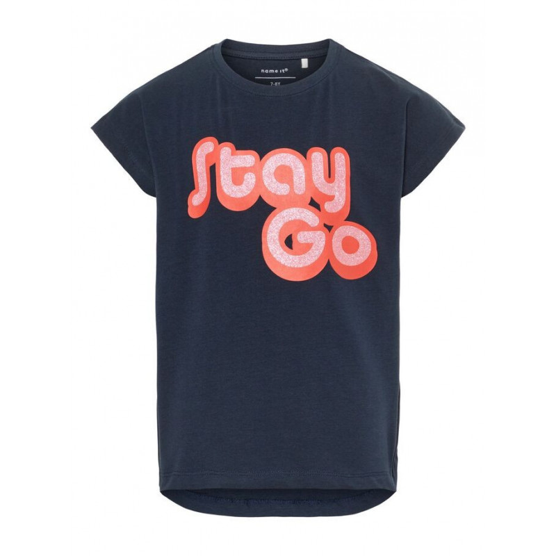 Βαμβακερή μπλούζα με κοντά μανίκια και γράμματα "STAY GO" για κορίτσι  54330