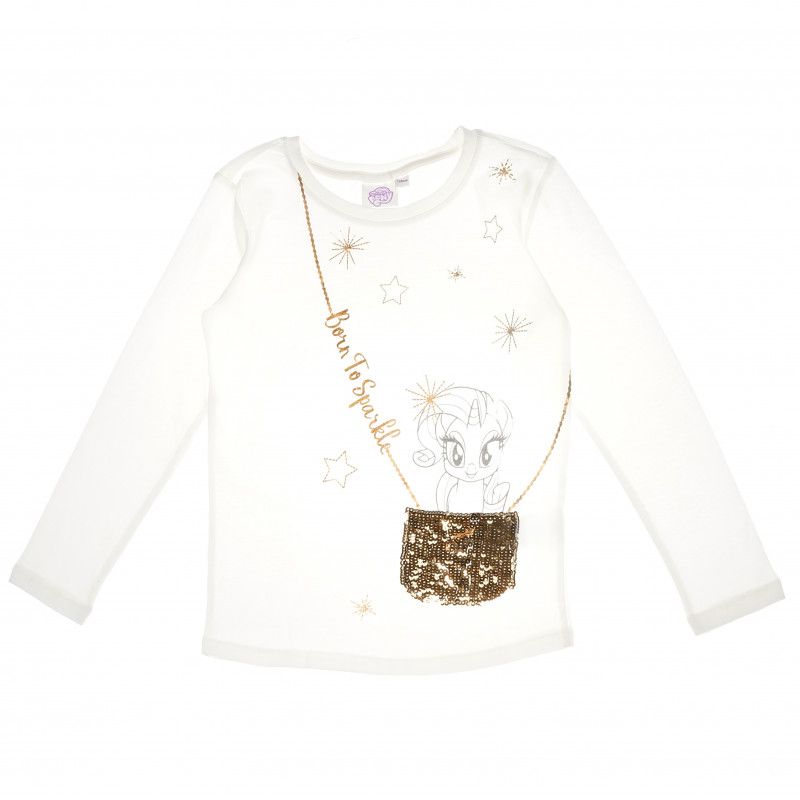 Λευκή βαμβακερή μπλούζα με απλικέ υπέροχο σχέδιο- χρυσό τσαντάκι, για κορίτσι  80752