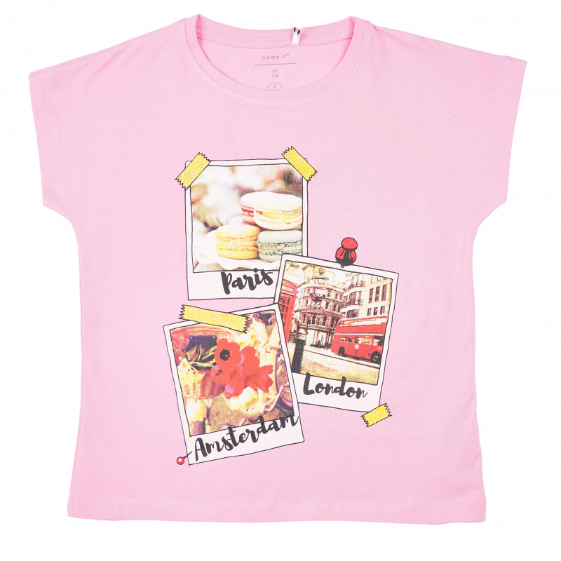 Ροζ t-shirt από οργανικό βαμβάκι, με στάμπα στο στήθος, για κορίτσι  96602