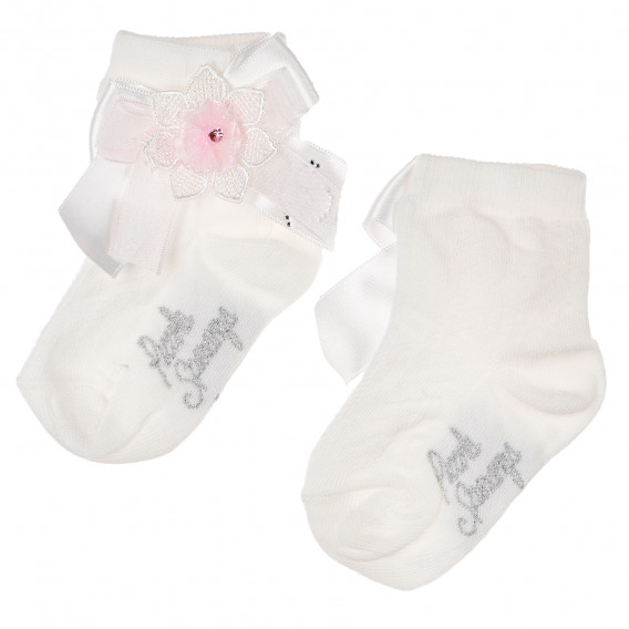 Λευκές κάλτσες διακοσμημένες με μεγάλη κορδέλα και λεπτό ροζ λουλούδι Picolla Speranza 96763 