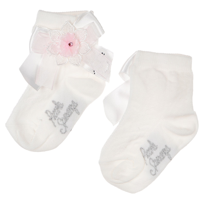 Λευκές κάλτσες διακοσμημένες με μεγάλη κορδέλα και λεπτό ροζ λουλούδι  96763