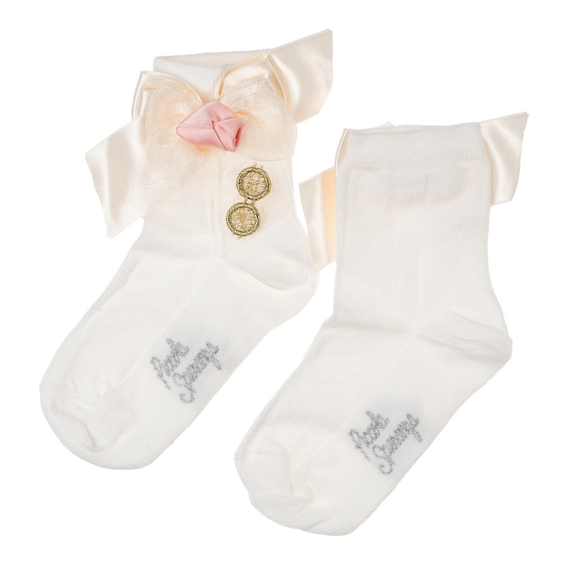 Κάλτσες με λεπτή ροζ κορδέλα και χειροποίητα λουλούδια σε σομόν και χρυσό χρώμα, για κορίτσι  96785