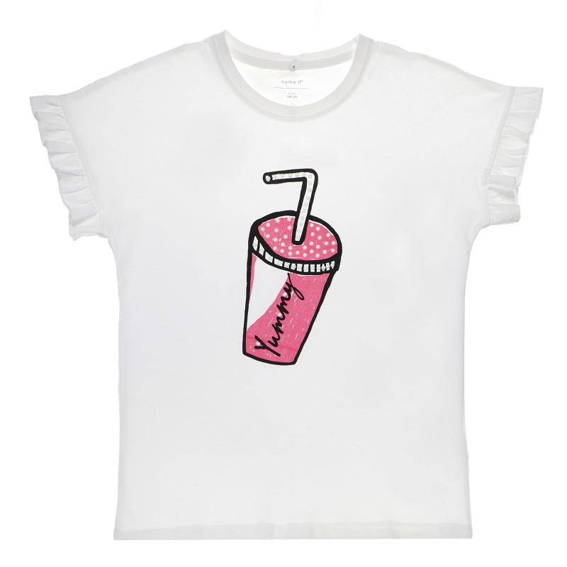 Βαμβακερή μπλούζα με κοντό βολάν μανίκι και στάμπα ποτήρι για κορίτσι  98756